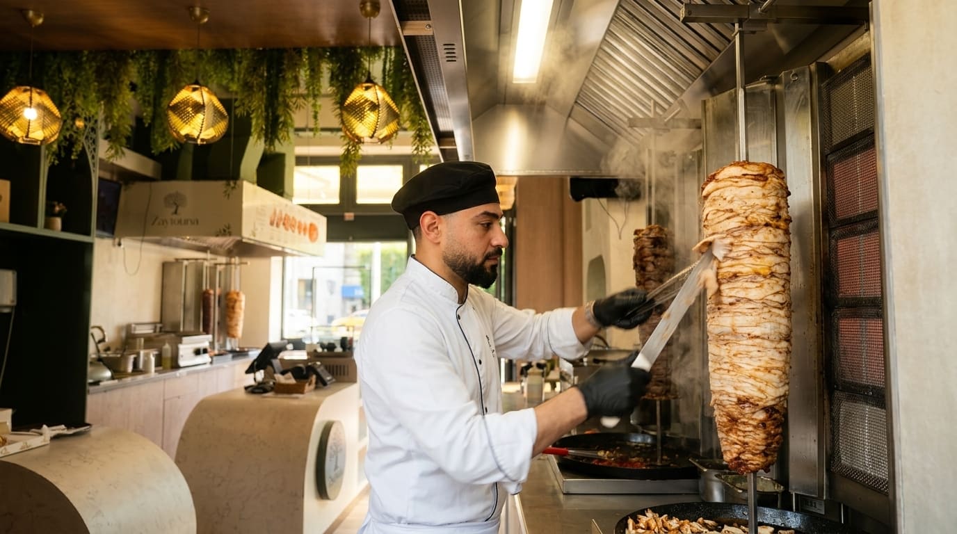 Zaytouna chef preparing shawarma at the open grill