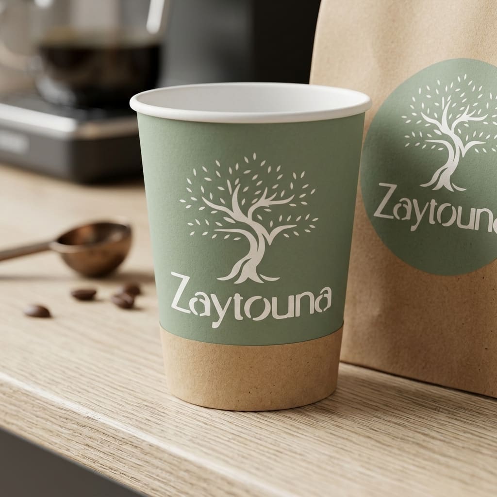 Zaytouna branded coffee cup and paper bag