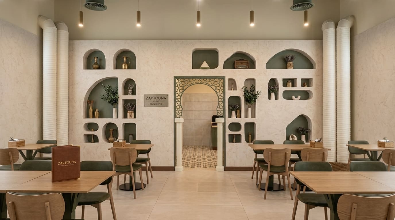 Zaytouna main dining room with green niches and a Moorish arch