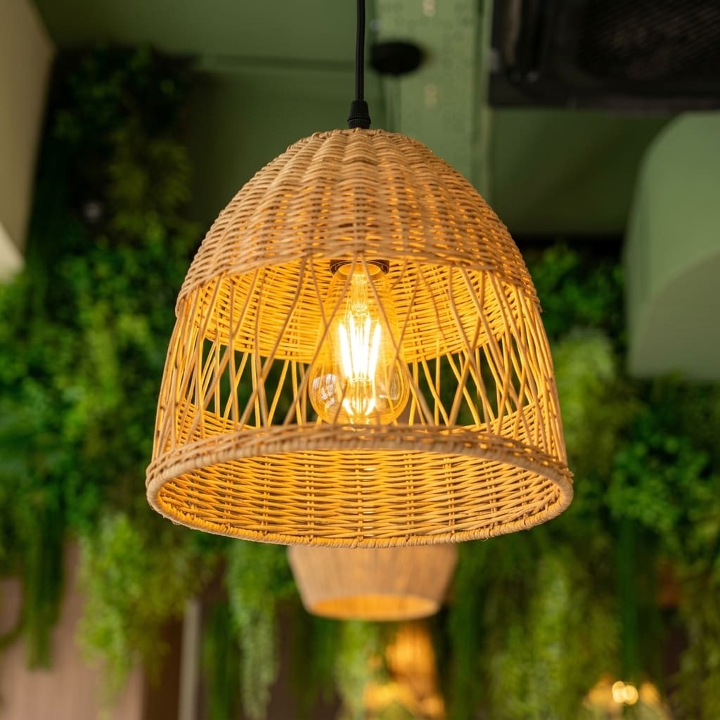 Woven rattan pendant lights and hanging greenery